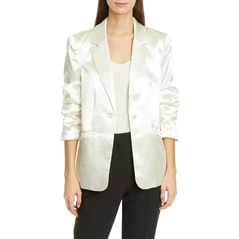 Cinq a Sept Ivory White Satin Kylie Ruched Sleeve Blazer Jacket 12